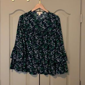 Michael Kors navy bell sleeve floral blouse size M